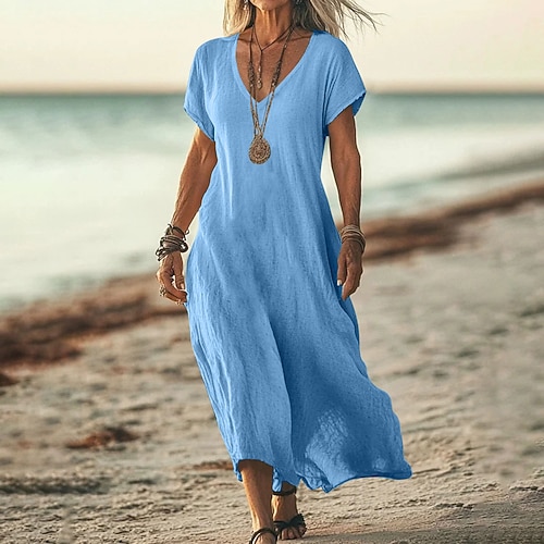 Damen Midi Kleid Sommerkleid Lässiges Alltagsurlaub Strand Reguläre Passform Leinenähnlich Einfarbig Kurzarm V-Ausschnitt Weiß Rosa Blau Grün Sommer Image