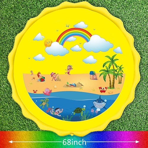 68 Zoll große Wasserspielmatte für den Außenbereich, mehrfarbiges Meereslebewesen-Design, strapazierfähiges PVC-Spritzpad mit Sprinklerfunktionen, rutschfest aufblasbar, ideal für Rasen und Garten, Image
