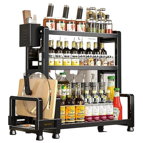 Küchenregal aus Metall, multifunktionaler Gewürz- und Messeraufbewahrungs-Organizer, Schneidebrett, Utensilien-Organizer, robust einfach zu montieren, ideal für Gewürze, Würzmittel, Utensilienständer Image