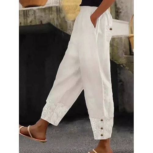Damen Baumwoll-Leinen Hosen Baggy-Hosen Leinenähnlich Einfarbig Chinos Mode Streetwear Basic Knöchellang Medium Taille Schlicht Tasche Elastischer Bund Komfort Outdoor Mikrofaser Urlaub Street Alltag