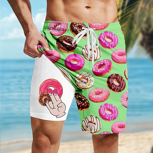 Herren Lustig Donuts Gefütterte Shorts 2 in 1 Badeshorts Badeshorts Mittlere Taille Hawaiianisch Urlaub Ferien Strandbekleidung Seitentaschen Mit Kompressionsfutter Elastischer Kordelzug in der Taille Image