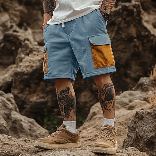Herren Cargo-Shorts Camping-Shorts Freizeitshorts Wander-Shorts Cordshorts Kordelzug Elastischer Bund Mehrere Taschen Farbblock Einfach Komfort Weich Knielang Outdoor Lässig Täglich Mode Streetwear Image