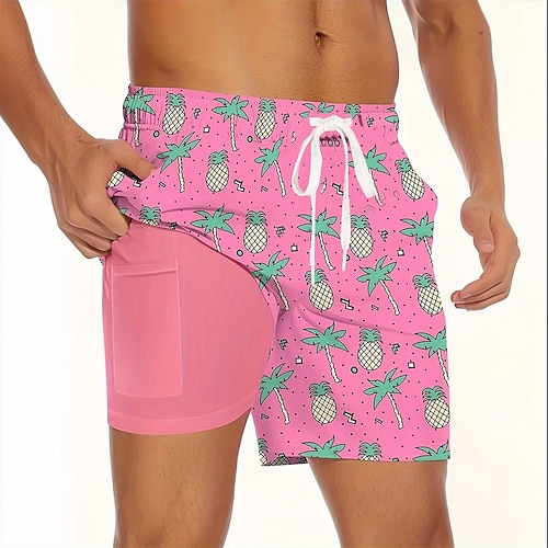 Herren Ananas Kokospalme Gefütterte Shorts 2 in 1 Badeshorts Badeshorts Mittlere Taille Hawaiianisch Urlaub Ferien Strandbekleidung Seitentaschen Mit Kompressionsfutter Elastischer Kordelzug in der Image