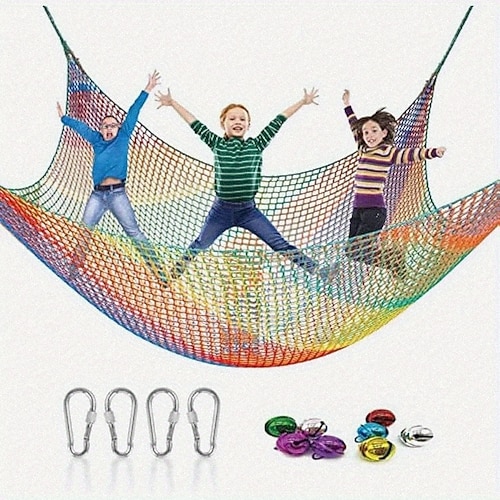 Regenbogen-Kletternetz für Spielplätze, doppellagige Sicherheitsseilbrücke, wetterbeständiges Polyester für Baumhäuser, Outdoor-Abenteuer und Spaß im Garten, Abenteuer-Spielset Image