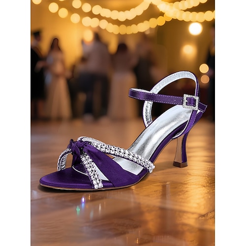 Damen-Sandalen aus violettem Satin mit Strass-Absatz – elegante Knoten-Absatzschuhe für Hochzeiten und Tanzabende Image