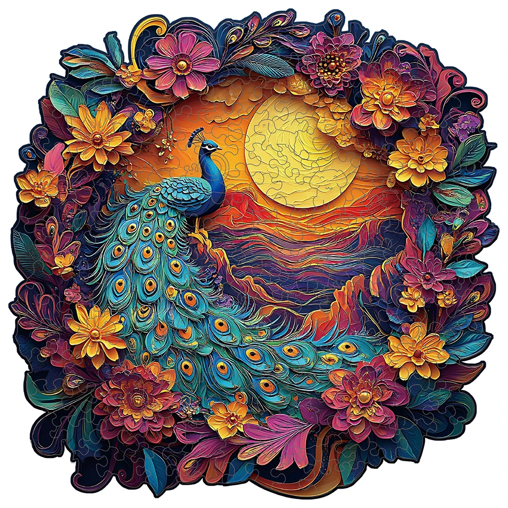 Wooden Puzzle for Adults -A wreath peacock Puzzle, Unique Shape Wooden Jigsaw Puzzles, Modern Art Home Decor, Good Gift Idea