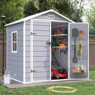 6x4.5FT Plastic Garden Shed with Lockable Door, Window, Waterproof, Sheds & Storage