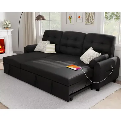 Living Room Sofa, Sectional Sofas, 87" Sleeper Sofa Bed with Side Pocket&Charging Station,Removable