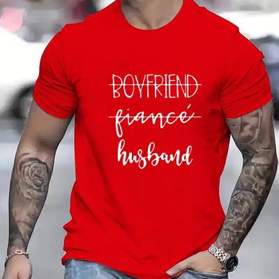 TEMU Husband Trendy Letter Print Men's Round Crew Neck Short Sleeve Tee, Fashion T-shirt, Comfy Breathable Casual Sports Top For Spring Vacation Image