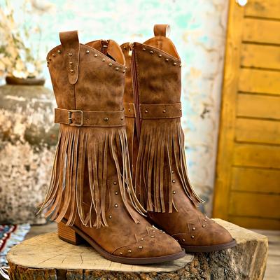 TEMU Women's Western Mid-calf Boots - Retro Pu Cover Pointed Toe With Fringe & Studs, Chunky Heel, Zipper Closure, Casual Boots For Women Image