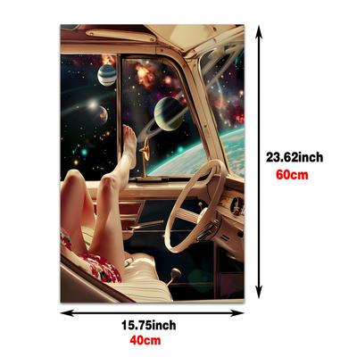 TEMU 1pc Surreal Retro Car In Space Canvas Art Print, Outer Space Planets Poster, Vintage Wall Decor, Unframed Aesthetic Home Decoration For Living Room, Bedroom, Office, Image