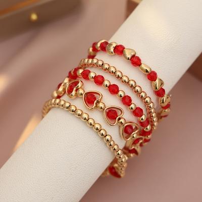 TEMU 5pcs Boho Elegant Beaded Bracelet Set For Women, Red Heart Charm Stackable Bangles, Versatile Accessory For Daily & Party Wear, Ideal Valentine's Day Gift, Cute Bracelets Image