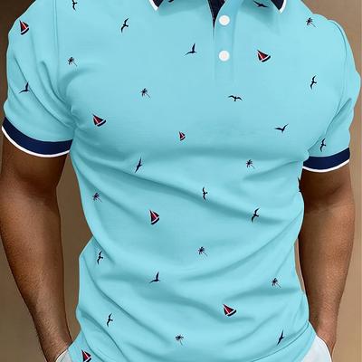 TEMU Men' Blue Novelty Casual Shirt With White Sailboat Pattern, Short Sleeves, Polyester, Machine Washable Image