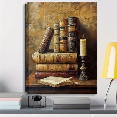 TEMU Vintage Books And Candles Canvas Art - 30x40cm Framed Oil Painting, Waterproof, Decorative Wall Art For Living Room, Bedroom, Office - Cozy, Warm Tones Inspiration Gift, Aesthetic Room Decor Image
