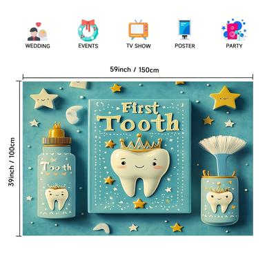 TEMU 1pc Celebration Backdrop - Vibrant Teal Polyester Photography Background With Cartoon Tooth Design, Stars & Confetti, Showers, Room Decor & Milestone Photos, No Power Required Image