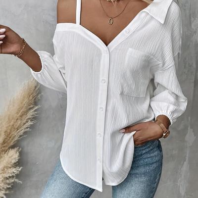 TEMU Women's Elegant Off-shoulder Button-up Shirt - Long Sleeve, Asymmetrical Collar, Loose Fit, , Polyester Blend, Spring/summer Casual Wear Image