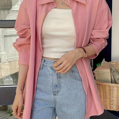 TEMU Women' Pink Striped Long Sleeve Button-up Shirt - Casual Collar, Machine Washable, Soft Polyester Fabric, Spring/summer/fall, Spring Summer Top | Shirt | Glossy Texture Image