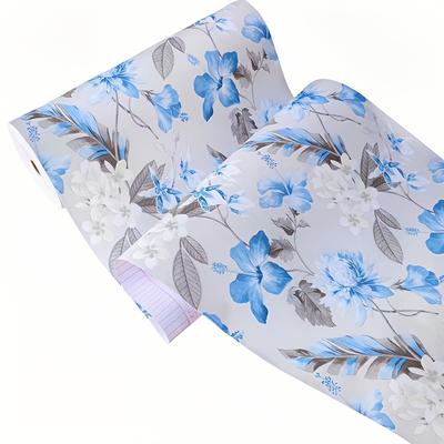 TEMU Self-adhesive Floral Wallpaper Roll - Pastoral Style Blue And White Flower Pattern, Removable Vinyl Film For Easy Wall Renovation, Desks, Wardrobes, And Home Decor, Wallpaper For Living Room Image