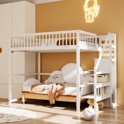 Hochbett 140x200 mit Leiter, weißes Kinderbett aus Holz mit Ablagefach, einfacher Kleiderschrank Image