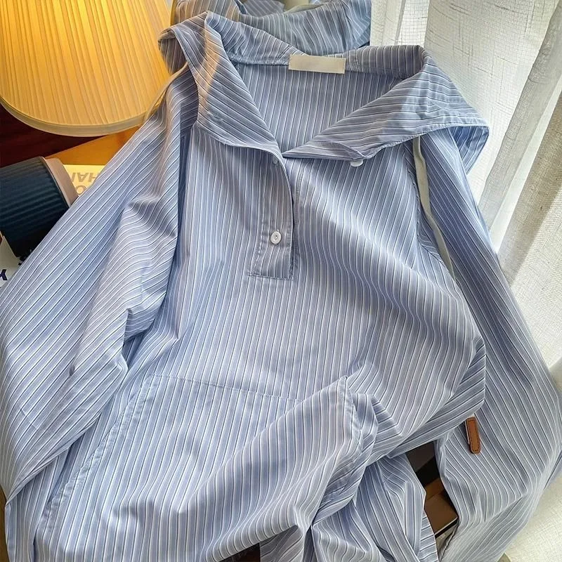 Japanischen Stil Blau Streifen Mit Kapuze Shirts Frauen Mann Frühling Herbst Lange Ärmel Lose Beiläufige Hoodies Vintage Alle-abgestimmt mantel Tops Image