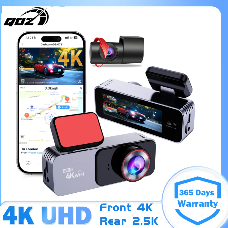 QOZ 4K UHD Dash Cam WiFi GPS Vorne 4K Hinten 1080P DVR Video Recorder 24H Nachtsicht Dash Cam Auto Kamera für Auto Black Box