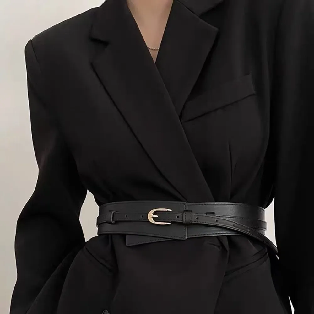 Damen-Taillendichtung mit dünner Taille für Anzug, Kleid, einfacher Damen-Taillengürtel aus Leder, goldene Dornschließe, Schwarz und Dunkelbraun Image