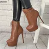 Olomm Frauen Winter Plattform Stiefeletten Schnalle Stiletto Heels Runde Kappe Erstaunliche Brown Partei Schuhe Plus UNS Größe 5-20