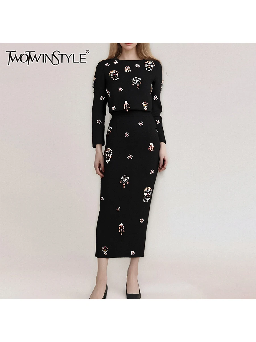 TWOTWINSTYLE Hit Farbe Zwei Stück Set Für Frauen O Hals Langarm Top Hohe Taille Abnehmen Rock Elegante Dets Weibliche Mode Nw Image