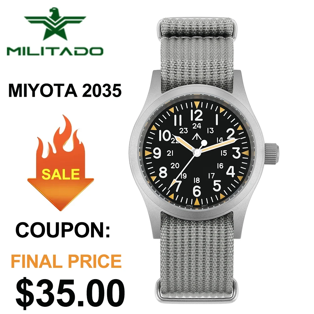 Militado ML05 38 mm Militäruhr Miyota 2035 Uhrwerk, gewölbtes Saphirglas, C3, grün leuchtend, 10 Bar wasserdicht, Vintage-Uhren