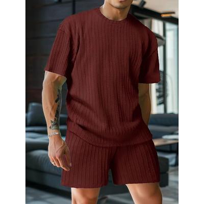 Men's T-shirt Suits Short Sleeve Jewel Neck Summer Spring Fall 3D Vortex Solid / Plain Color Traditional Jacquard Casual Daily Black Coffee Pink Top Tee for Men