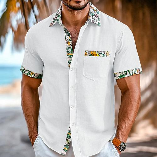 Men's Shirt Linen Shirt Summer Shirt Beach Wear Button Up Shirt Solid Color Vacation Curise Black White Pink Green Short Sleeve Collar Summer Spring Summer Clothing Apparel Color Block