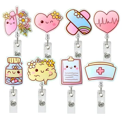 Medical Acrylic Glitter Pill Heart Lung ID Badge Holder Retractable Badge Reel Rotatable Crocodile