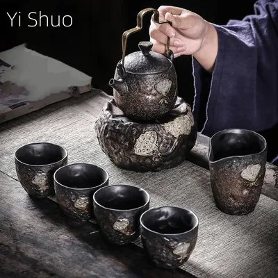 Zen Lotus Loop-Handled Teapot Warm Tea Sets Candle Warm Tea Base Teapot Teacup One Pot Four Cups