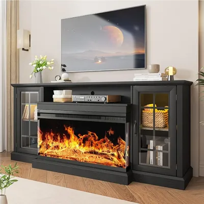 36 Inch 3-Sided Glass Fireplace TV Stand for TVs up to 80", Rustic Media Entertainment Center