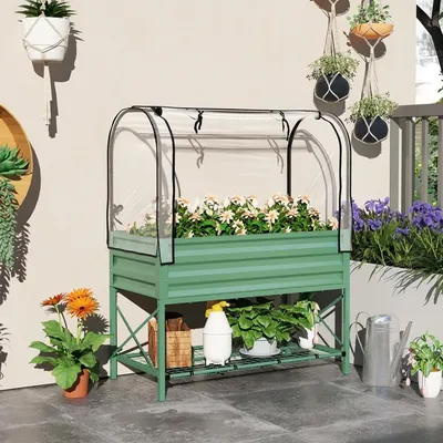 Raised Garden Bed with Cover and Storage Shelf, Rectangular Metal Elevated Planter Box with Legs and