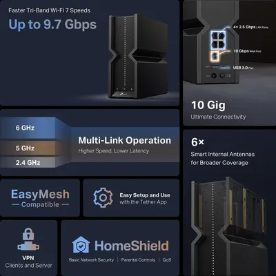 Tri-Band BE9700 WiFi 7 Router Archer BE550 Pro 1 × 10G + 4 × 2.5G, USB 3.0 6 Internal Antennas VPN