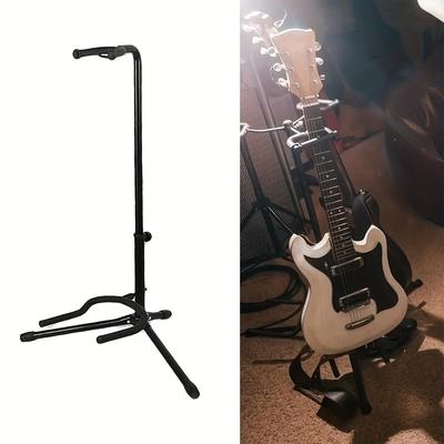 TEMU Foldable Guitar Stand - Alloy Construction, Hanging Shelf Design With Neck Support For Acoustic, Electric, And Bass Guitars - Polished Black Finish Image