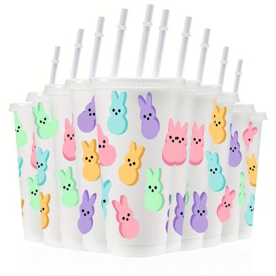 TEMU 10pcs Colorful Easter Bunny 24oz Plastic Tumblers With Lids & Straws – Leak-proof, Ideal For Birthday, Picnic, Beach, Party, Graduation Gifts – Rabbit Print Designs, Durable & Bpa-fre Image