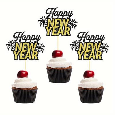 TEMU 24pcs Happy New Year Cupcake Toppers, Bamboo Picks, Non-electric, Featherless, For Wedding, Bridal Shower, Birthday, Graduation, Image