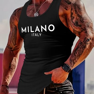 TEMU Mbdmbd Men's Sleek Italy Print Tank Top - Casual Black Polyester & Elastane Blend, Crew Neck, Summer Slim-fit Vest, Machine Washable Image