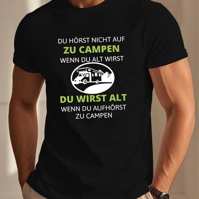 "TEMU Men's Funny German Quote Short Sleeve T-shirt - "zum Camping" Design, Black With Graphic, Casual Summer Top, Polyester Blend, Round Neck, Machine Washable, Camping Gear" Image