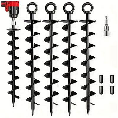 TEMU 4/8 Pack Iron Spiral Ground Anchors Screw In, Heavy Duty, With Nut And Tool, For Sheds, Carports, Mobile Home, Swing Set, Tent Image