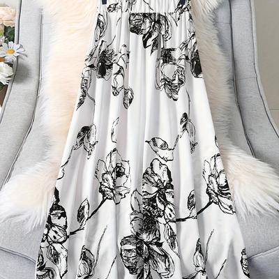 TEMU Women's Floral Midi Skirt - Casual Polyester , Waistband, Machine Washable, Black And Pattern, Ideal For Spring/fall Image