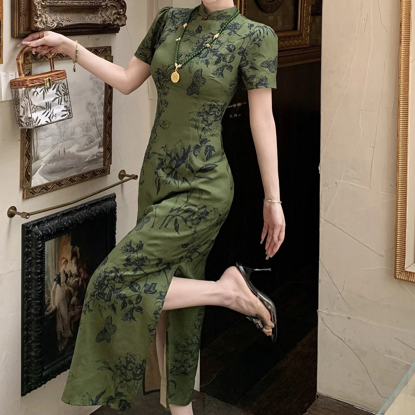 Grün Verbesserte Cheongsam Frauen Sexy Kurzarm Qipao Neue Chinesische Stil Kleid Sommer Neue Vestidos Drucken Chinesische Kleider Qipao
