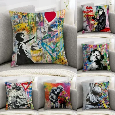 B-BanksyS Street Graffiti Art Kissenbezug Sofa Dekorativ Zuhause Doppelseitiger Druck Plüsch Image