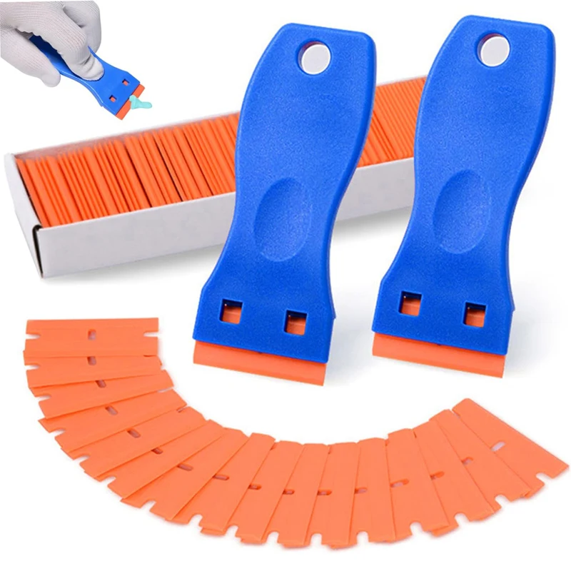 2 Stück Fensterglas-Reinigungsschaber-Werkzeug und 100 Stück Kunststoff-Rasierklingen-Dichtungsentferner, selbstklebender Aufkleber-Entferner für Abziehbilder, Etiketten Image