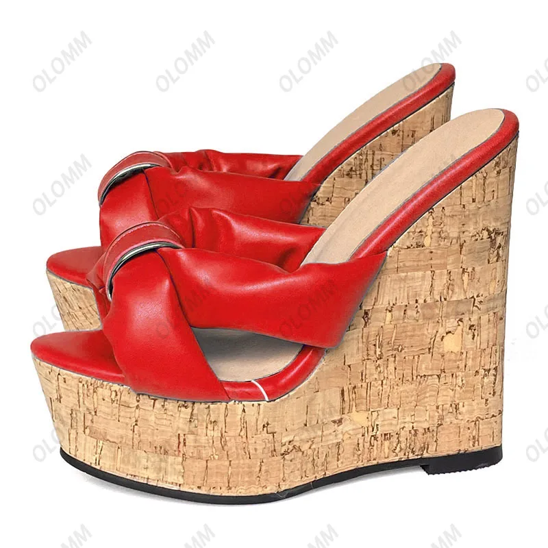 Olomm handgefertigte Damen-Pantoletten, Sandalen, Korkkeile, High Heels, offene Zehen, hübsche rote Fuchsia-weiße Freizeitschuhe, Größe 35 45 47 52