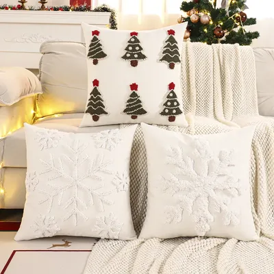 1 x Weihnachtsbaum-Kissenbezug, Stickerei, Leinwand, getuftete Schneeflocke Image