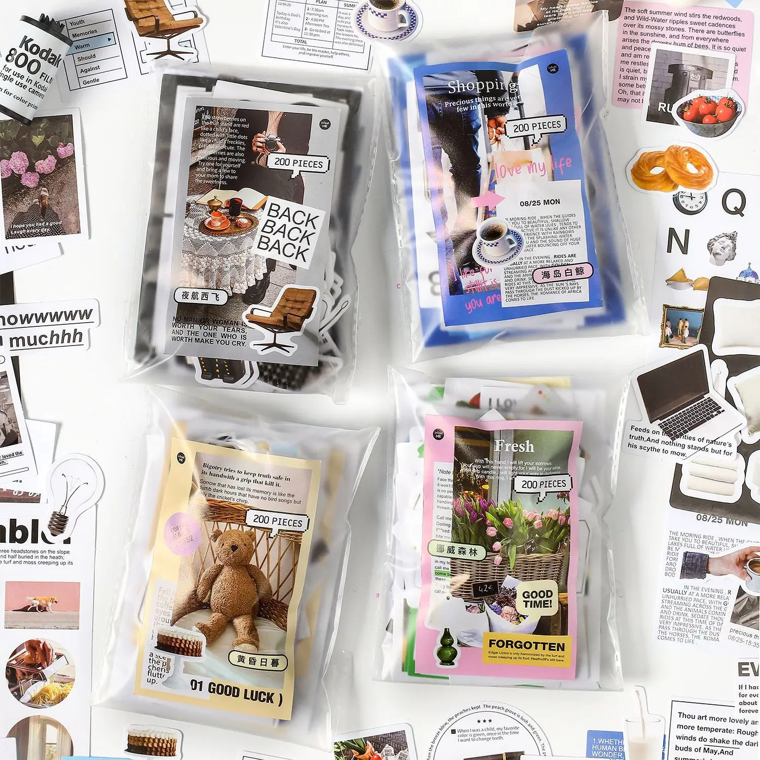 200 Stück koreanisches Dekorationsmaterial, Papierpackung, Collage, Junk-Journal, Material, DIY, Sammelalbum, Tagebuch, Album, Etikett, Schreibwaren