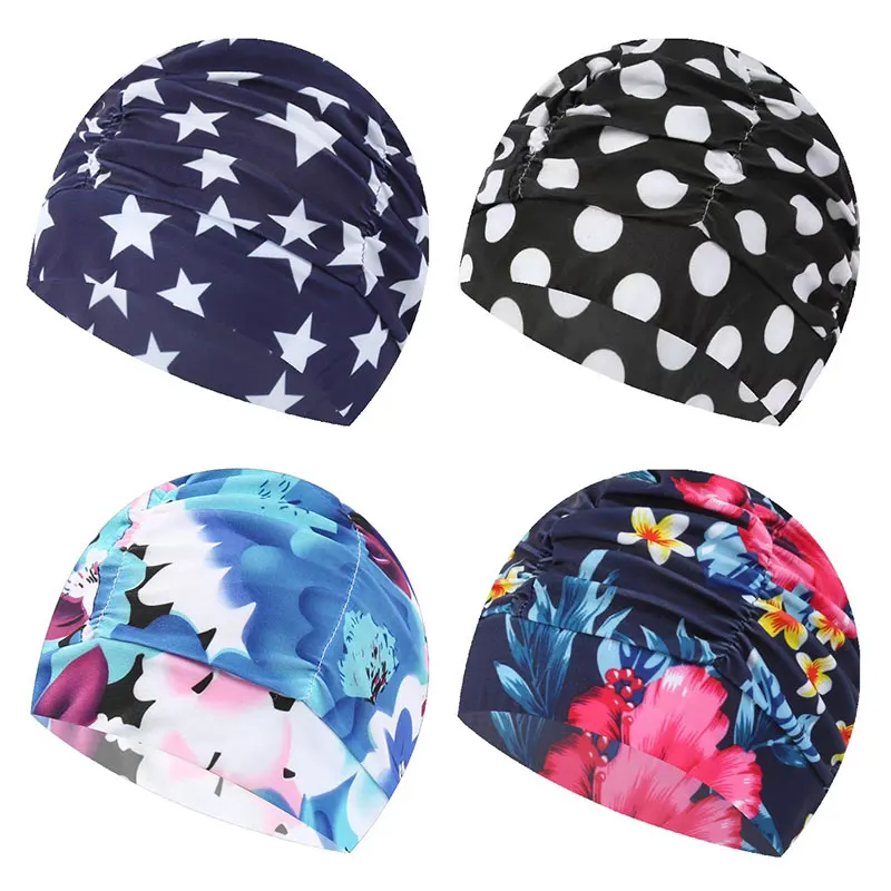Badekappe mit Blumenmuster, Sommer-Badekappe, langes Haar, Bademütze, plissierte Badekappe für Damen, Grils, Strand, Surfen Image